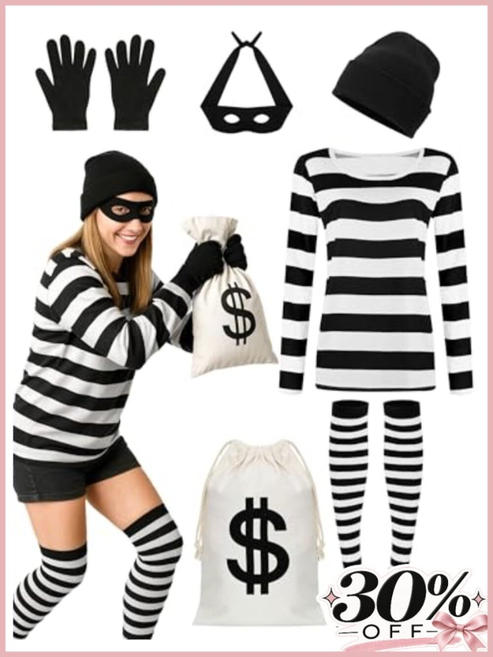Women Thief Cosplay Striped Shirt Mask Gloves Beanie Bag